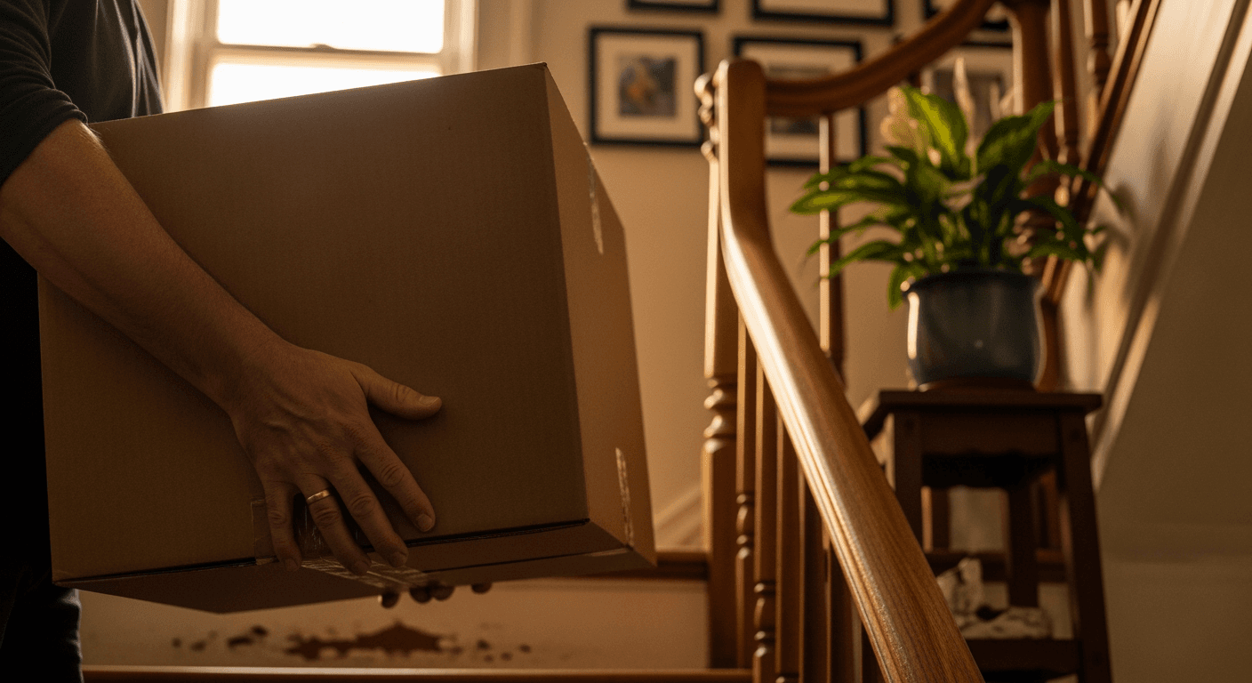 Tenants moving boxes up the stairs of a new home