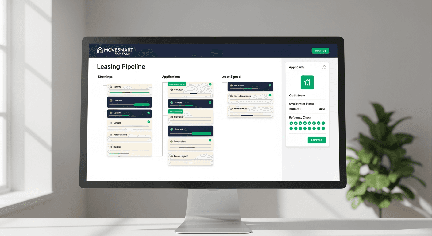 MoveSmart Rentals branded portal showing leasing pipeline kanban view with applicant detail panel