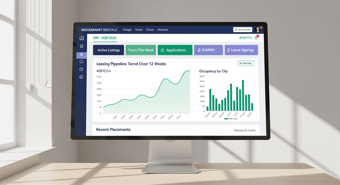 MoveSmart Rentals branded portal dashboard showing leasing pipeline, occupancy by city, and recent placements