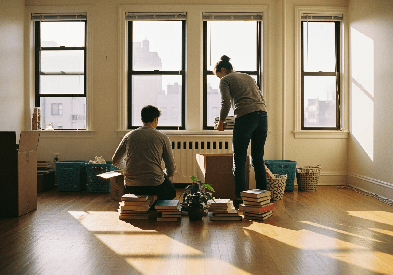 Couple unpacking boxes in a sun-filled new home