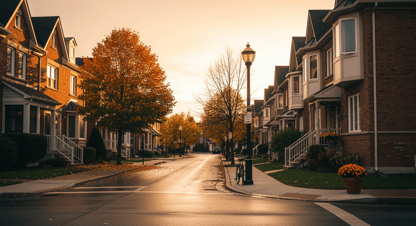North American residential street with brick townhomes at golden hour, soft autumn light