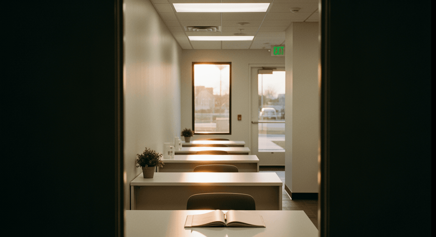 Soft interior of a modern leasing office with a small plant and a notebook on a clean desk in late afternoon light